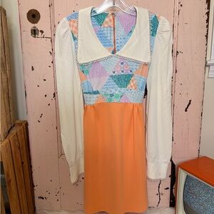 Vintage Patchwork Puff Sleeve Mini Dress